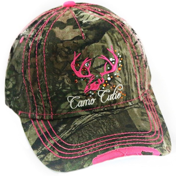 Camo Cutie Woman’s Rhinestone Mossy Oak Camo Cap with Hot Pink Trim Adjustable - Picture 1 of 9